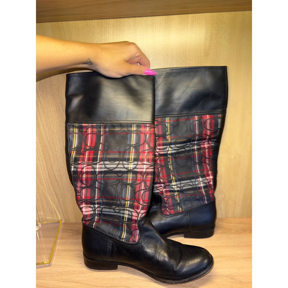 Coach Chrissi Leather Plaid Riding Boots 8.5B